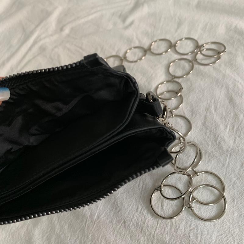 Silver Metal Rings Chain Black Pu Leather Bag