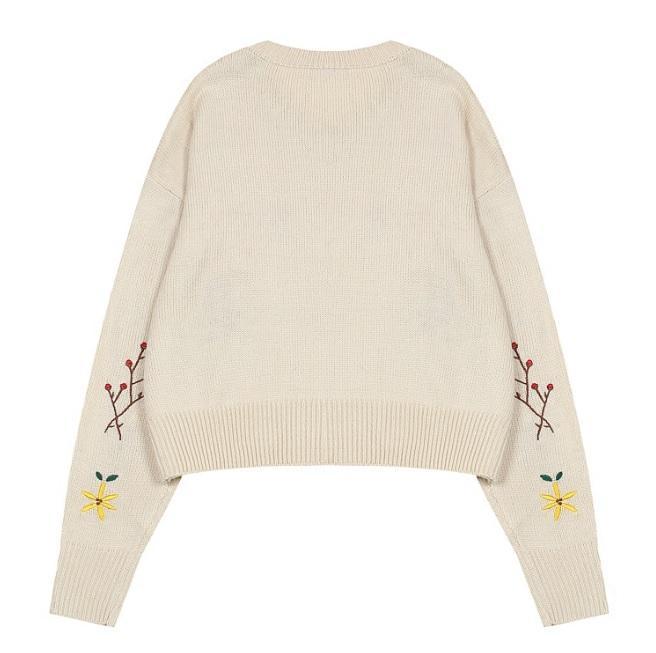 itGirl Shop SMALL FLOWERS EMBROIDERIES WHITE BLACK KNIT SWEATER