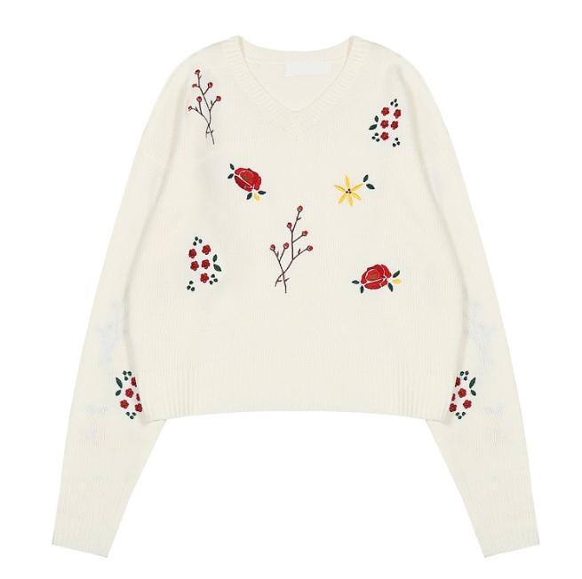 itGirl Shop SMALL FLOWERS EMBROIDERIES WHITE BLACK KNIT SWEATER