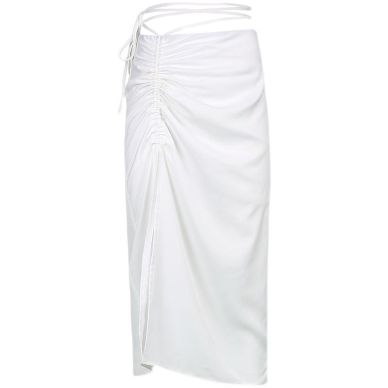 itGirl Shop SOFT AESTHETIC WHITE RUCHED SPLIT MIDI SKIRT