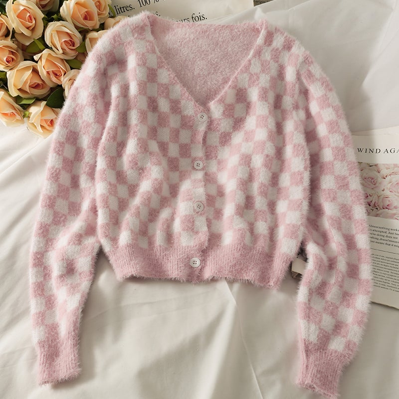 itGirl Shop SOFT GIRL PASTEL COLORS CHECKERED CROPPED CARDIGAN