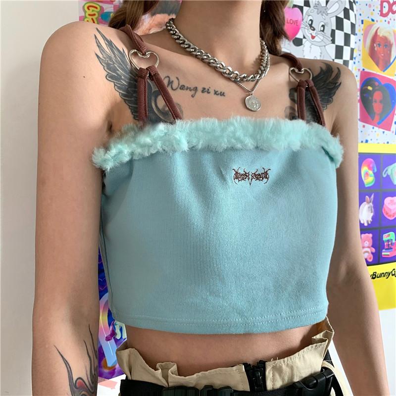 itGirl Shop SOFT GRUNGE FAUX FUR HEART BUCKLE STRAPLESS TOP