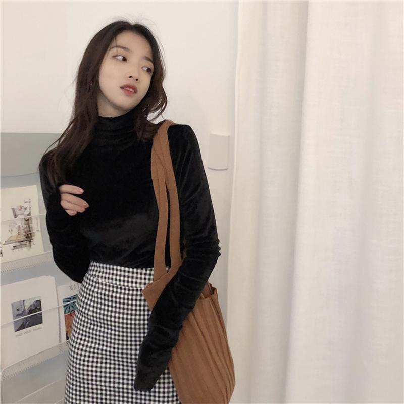 Soft Velvet Korean Fashion Turtleneck  Long Sleeve Blouse