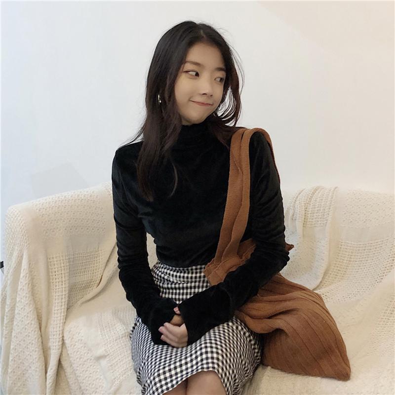 Soft Velvet Korean Fashion Turtleneck  Long Sleeve Blouse