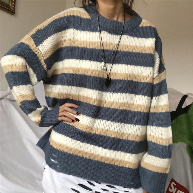 itGirl Shop SOFT WOOLEN AUTUMN COLORS KNIT RIPPED LOOSE SWEATER