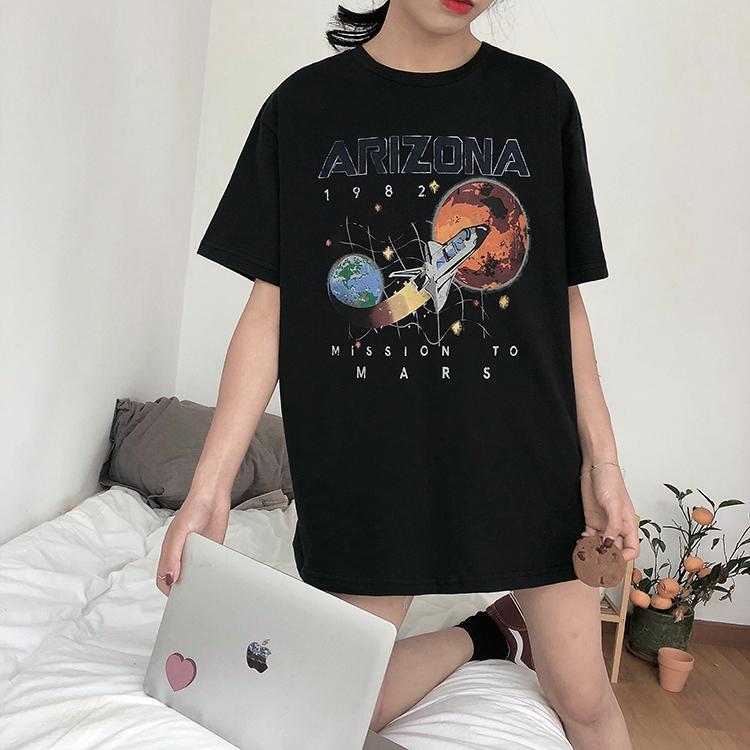 itGirl Shop SPACE ROCKET ARIZONA PRINT BLACK OVERSIZED T-SHIRT