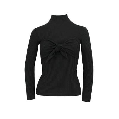 itGirl Shop STAND COLLAR RIBBED KNOT BOW CHEST SLIM BLOUSE