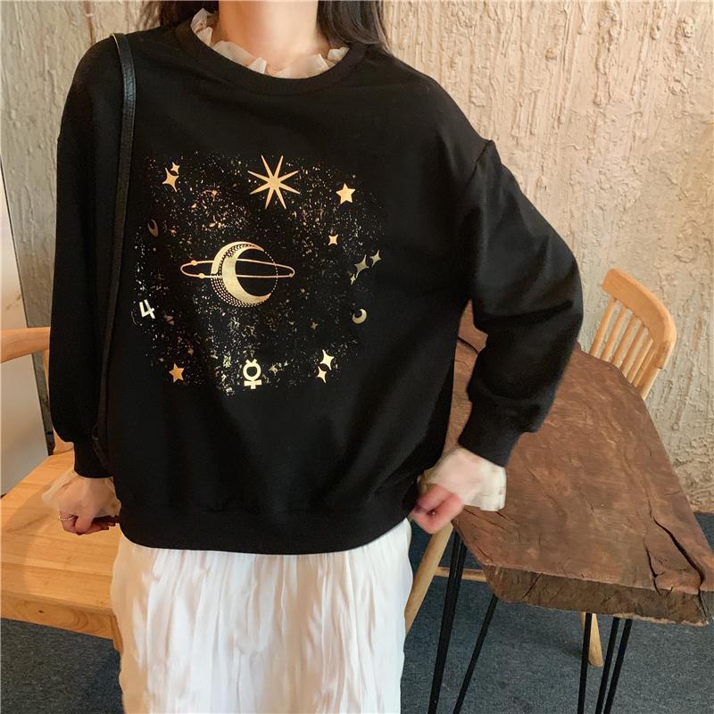 Stars And Planet Golden Aesthetic Print Black Sweatshirt