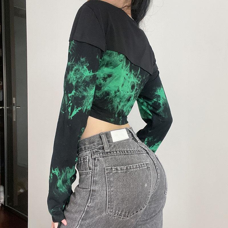 itGirl Shop STREET STYLE GREEN TIE DYE PRINT CROPPED SHIRT