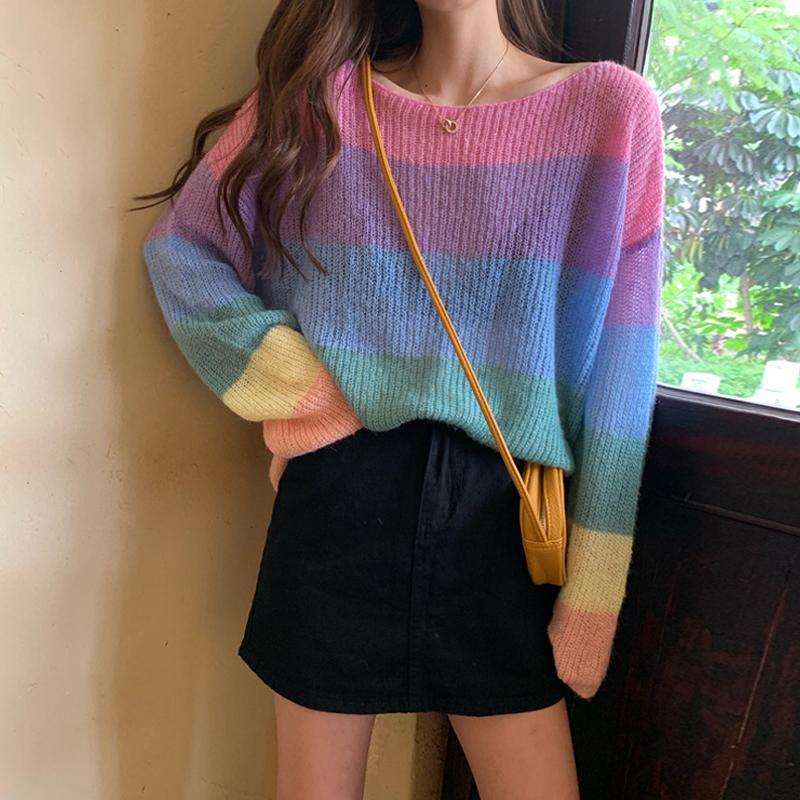 itGirl Shop STRIPED GRADIENT RAINBOW CLOTHING OVERSIZED SWEATER