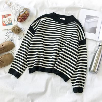 itGirl Shop STRIPED ROUND NECK LOOSE CASUAL WARM SWEATER