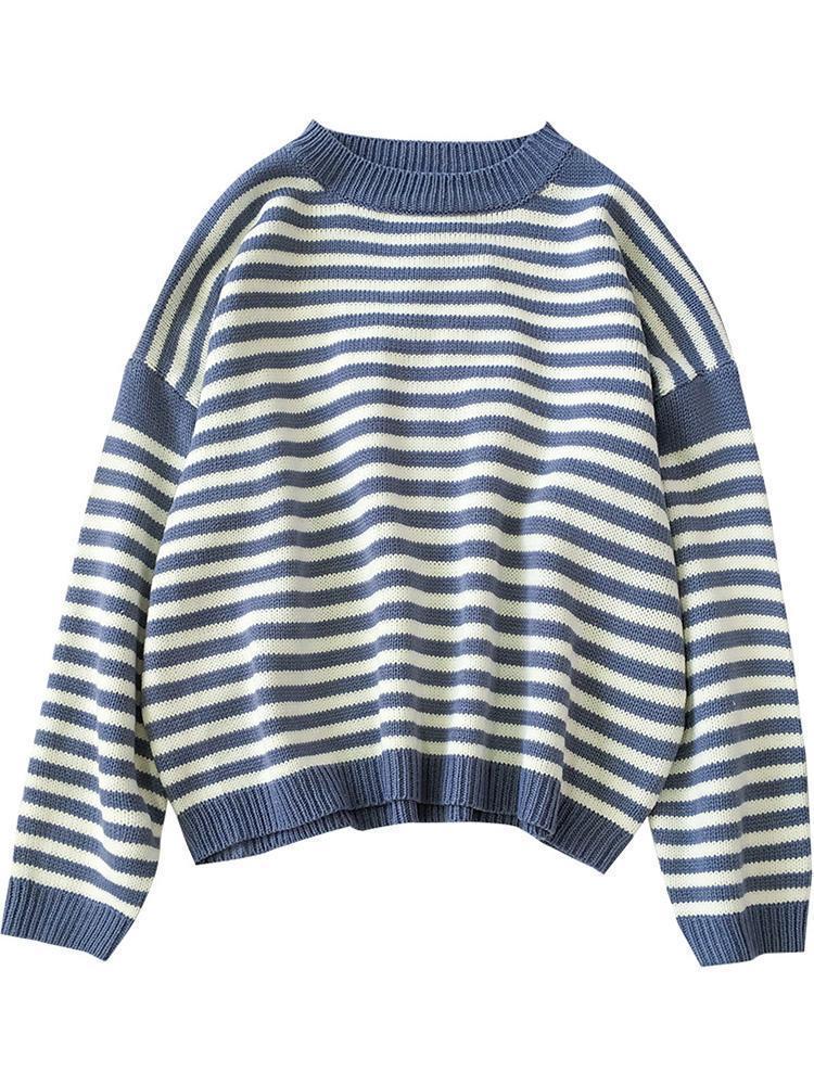 itGirl Shop STRIPED ROUND NECK LOOSE CASUAL WARM SWEATER