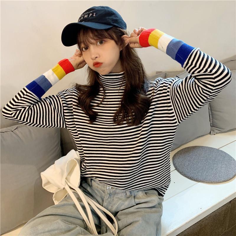 itGirl Shop STRIPED TURTLE NECK RAINBOW CUFF KNITTED SWEATER