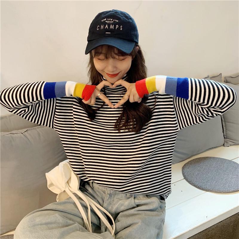 itGirl Shop STRIPED TURTLE NECK RAINBOW CUFF KNITTED SWEATER