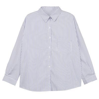 Stripes Vertical Blue White Cotton Buttons Office Style Blouse