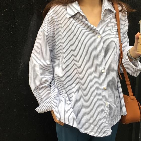 itGirl Shop STRIPES VERTICAL BLUE WHITE COTTON BUTTONS OFFICE STYLE BLOUSE