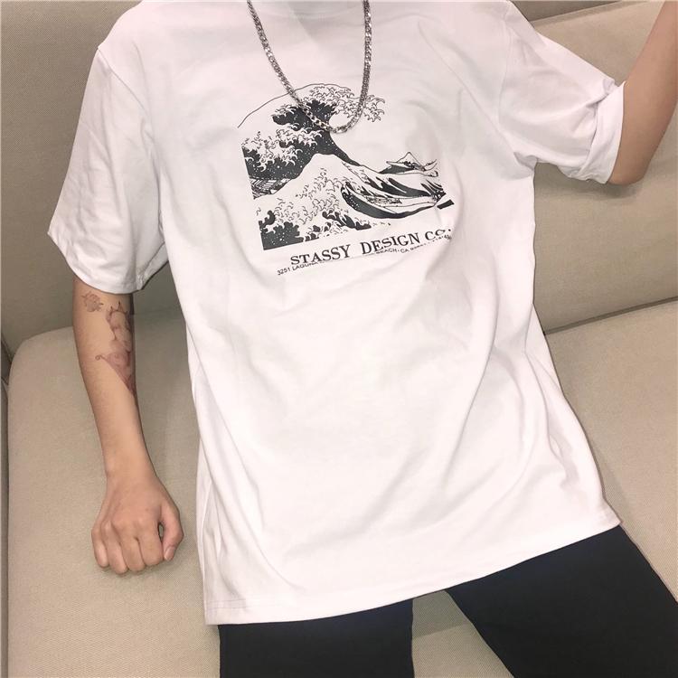 itGirl Shop THE GREAT WAVE PRINT WHITE BLACK LOOSE T-SHIRT