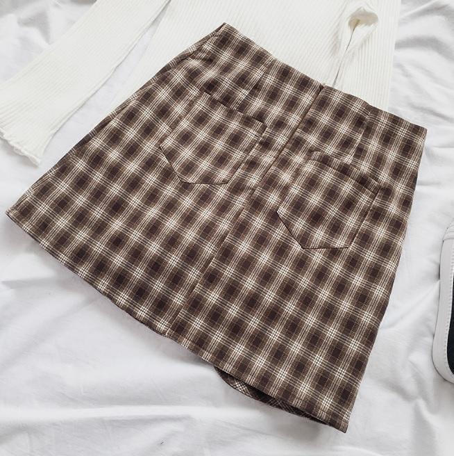 itGirl Shop THICK PLAID SIDE BUTTONS BROWN BLACK SKIRT