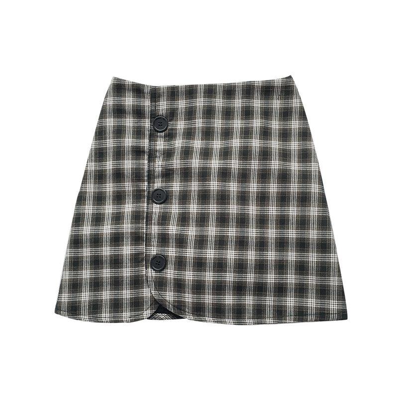 itGirl Shop THICK PLAID SIDE BUTTONS BROWN BLACK SKIRT