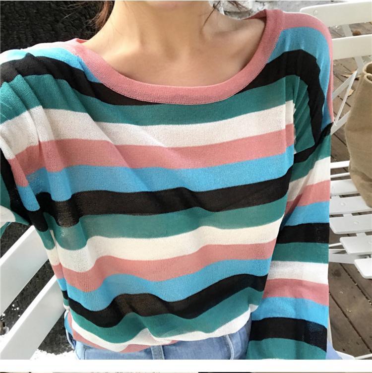 itGirl Shop THIN LIGHT KNIT SUMMER COLORFUL STRIPES LONG SLEEVE