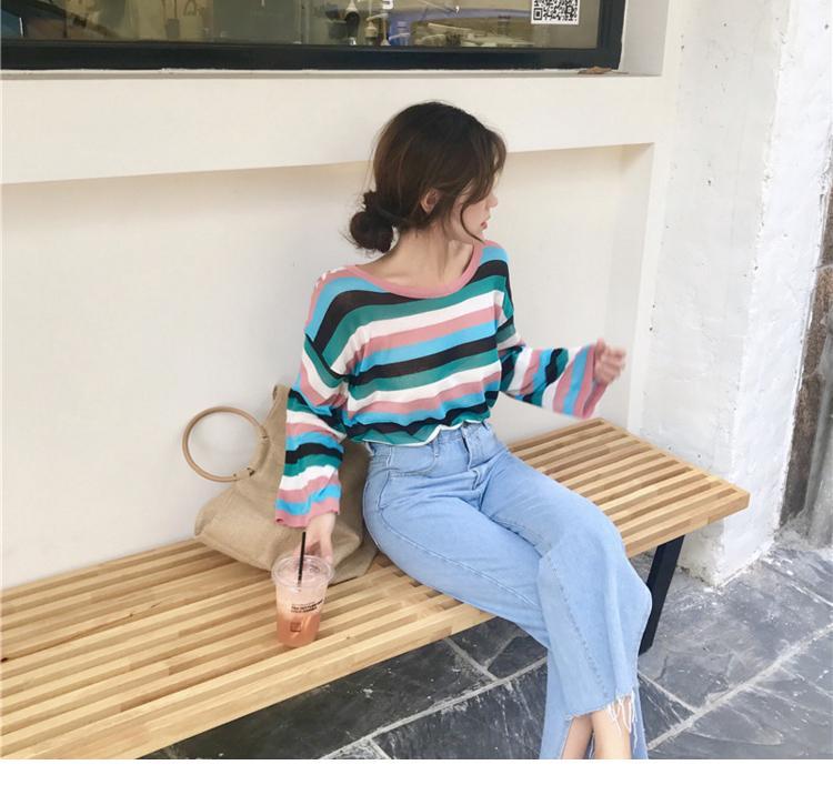 itGirl Shop THIN LIGHT KNIT SUMMER COLORFUL STRIPES LONG SLEEVE