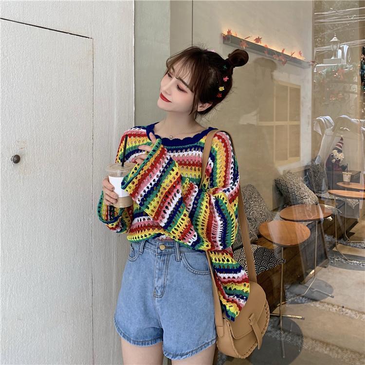 itGirl Shop THIN RAINBOW STRIPED HOLLOW OUT KNITTED SWEATER