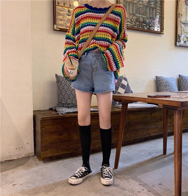 itGirl Shop THIN RAINBOW STRIPED HOLLOW OUT KNITTED SWEATER
