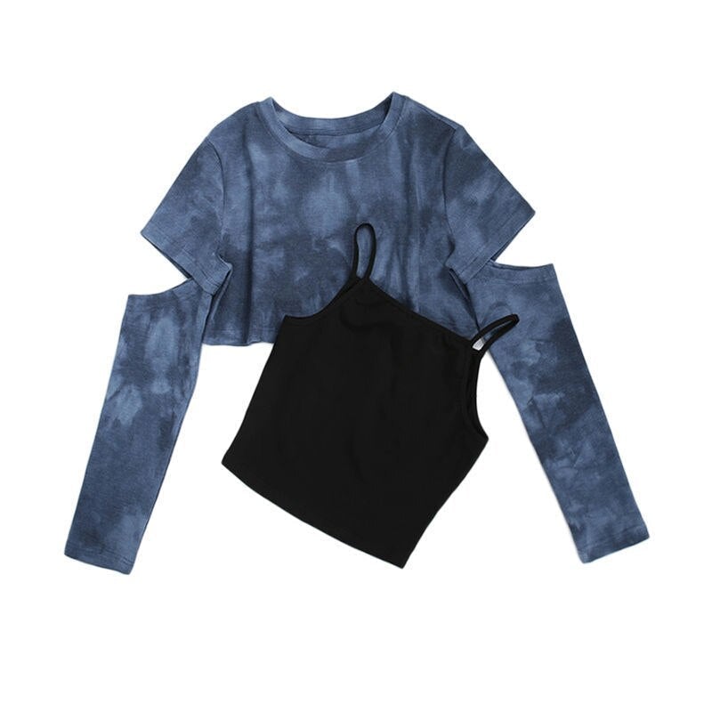 itGirl Shop TIE DYE AESTHETIC ELBOW CUT OUTS TWO PIECE T-SHIRT