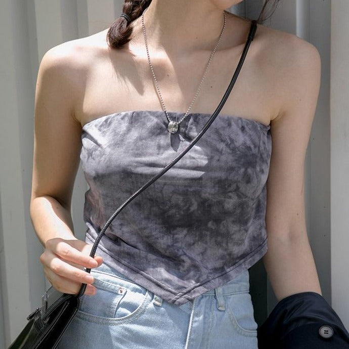 itGirl Shop TIE DYE GRAY DOUBLE LAYER MESH TUBE STRAPLESS CROP TOP