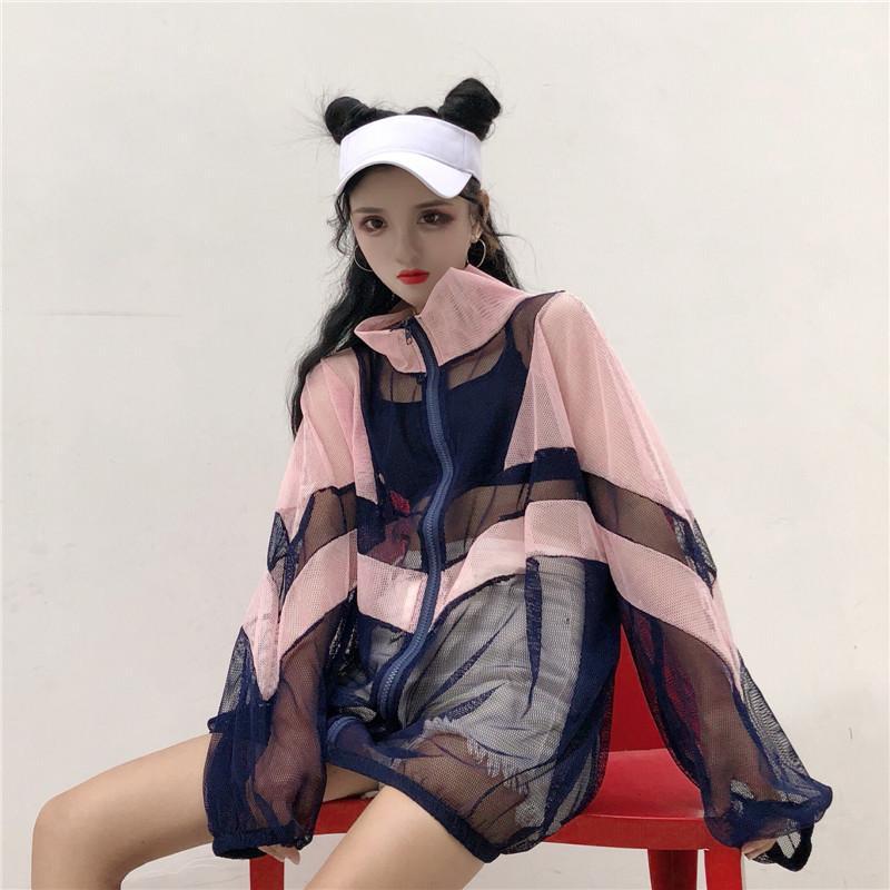 itGirl Shop TRANSPARENT MESH PATCHWORK OVERSIZED BOMBER JACKET