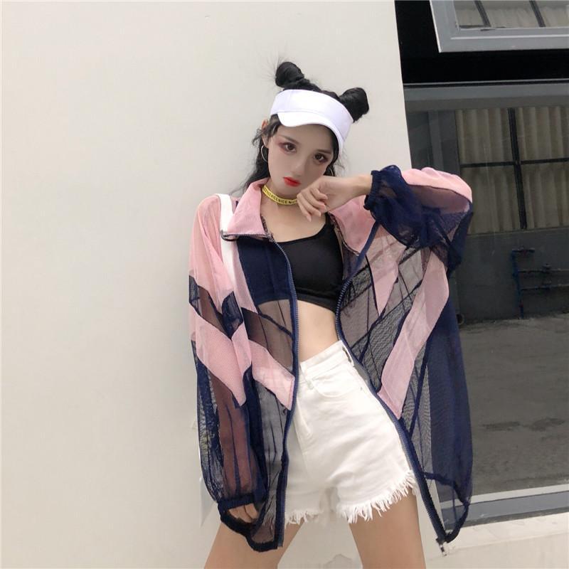 itGirl Shop TRANSPARENT MESH PATCHWORK OVERSIZED BOMBER JACKET