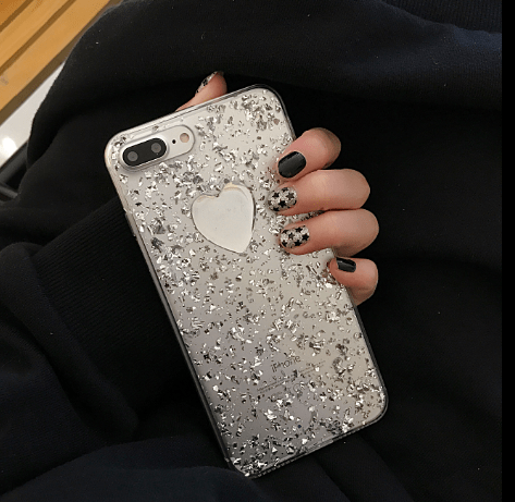 itGirl Shop TRANSPARENT METALLIC FLAKES SILVER HEART IPHONE 7 COVER