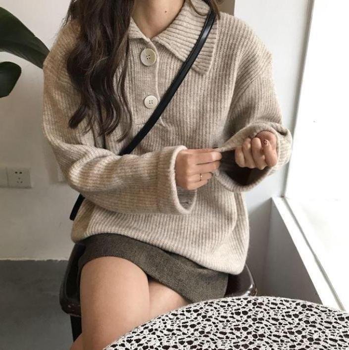 itGirl Shop TURN DOWN COLLAR TWO BUTTONS KNITTED SWEATER