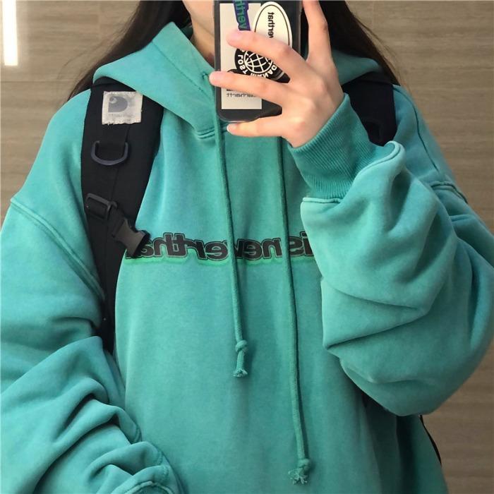 Turquoise Retro Printed Letters Hooded Loose Sweatshirt