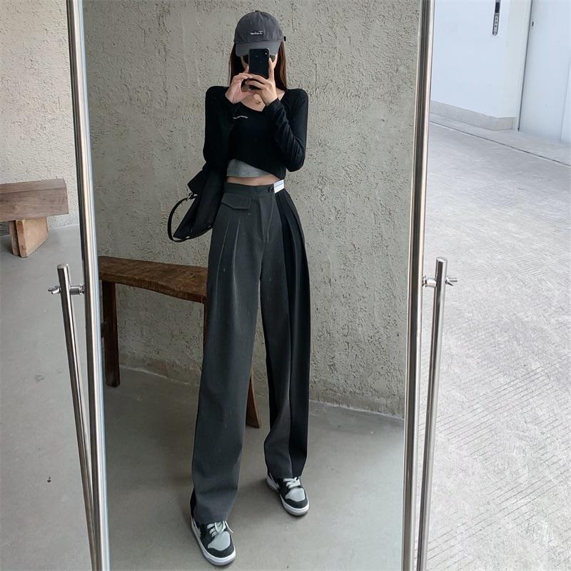 itGirl Shop TWO COLORED STITCHING GREY BLACK GRUNGE STRAIGHT PANTS