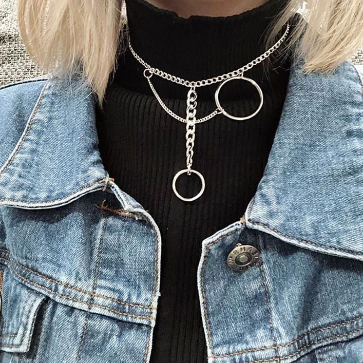 itGirl Shop TWO METALLIC RINGS CHAINS CHOKER NECKLACE