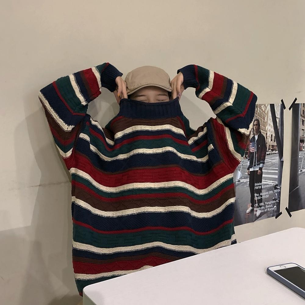 Vintage Curly Neck Striped Oversized Knit Sweater