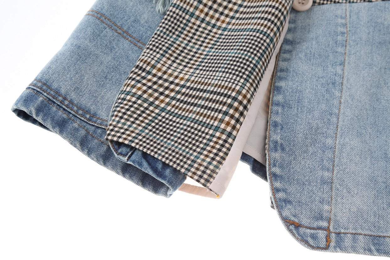 Vintage Plaid Stitching Denim Loose Jacket