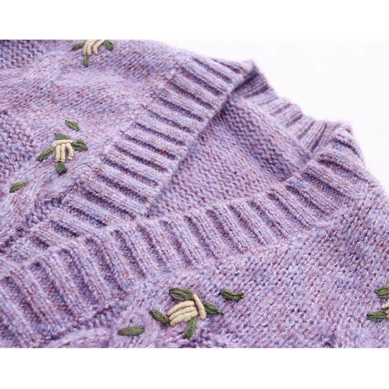 Vintage Purple Flower Embroidery Knitted Cardigan