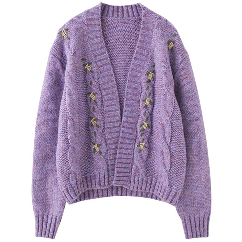 Vintage Purple Flower Embroidery Knitted Cardigan