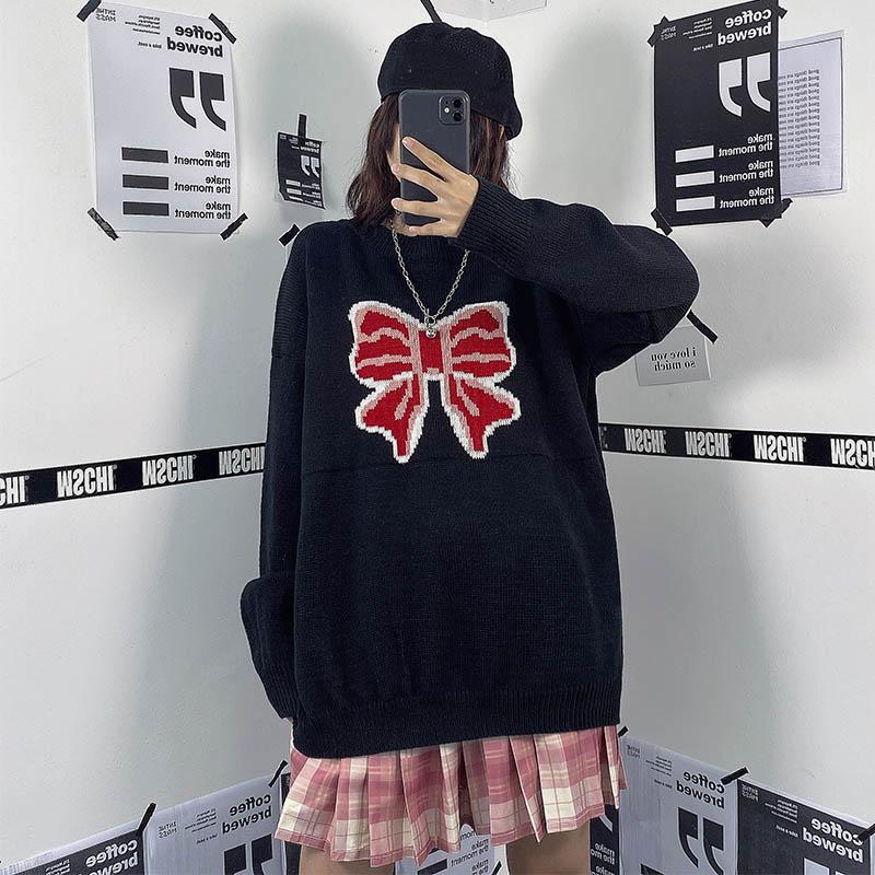 itGirl Shop VINTAGE RED RIBBON BOW LOOSE KNIT BLACK SWEATER