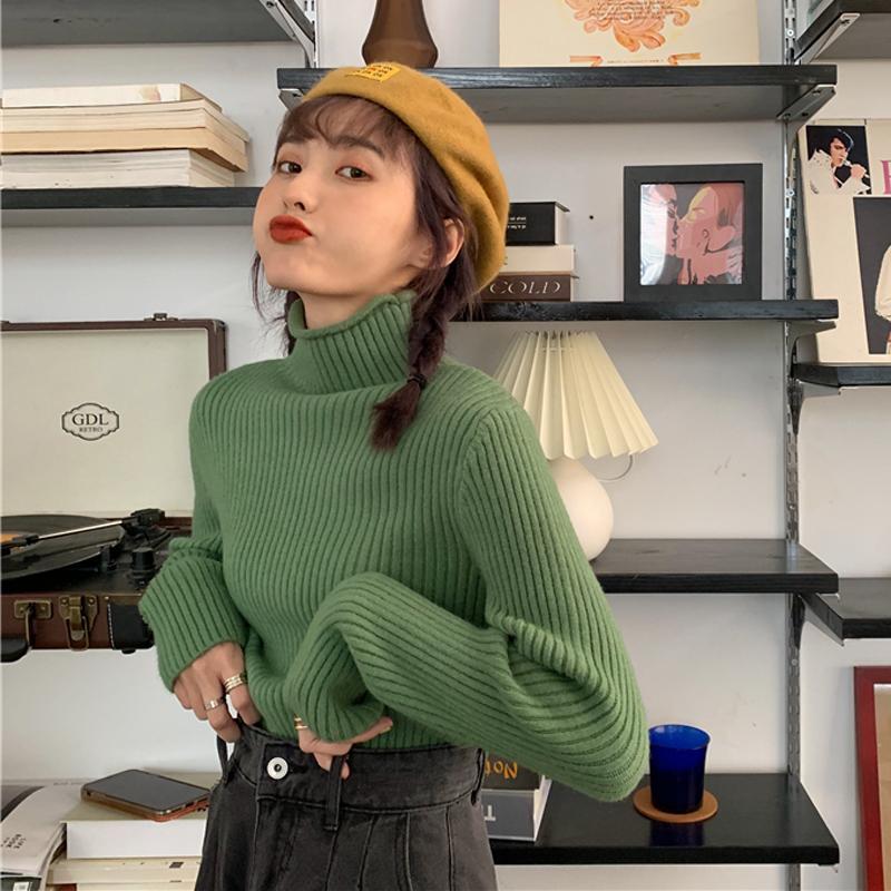 Vintage Solid Colors High Neck Ribbed Slim Sweater