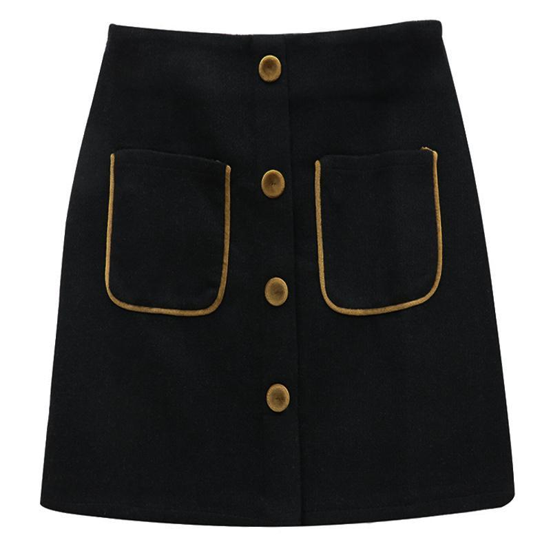 Vintage Woolen A Line High Waist Skirt With Buttons