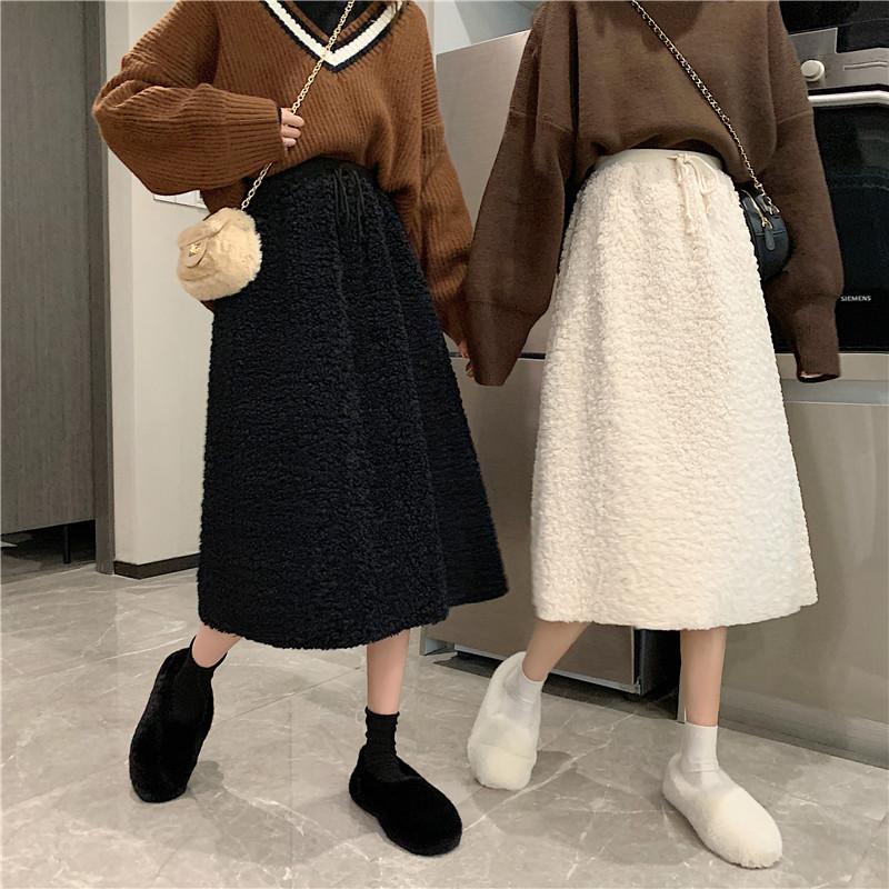 Warm Lamb Faux Fur Elastic Waist Long Skirt