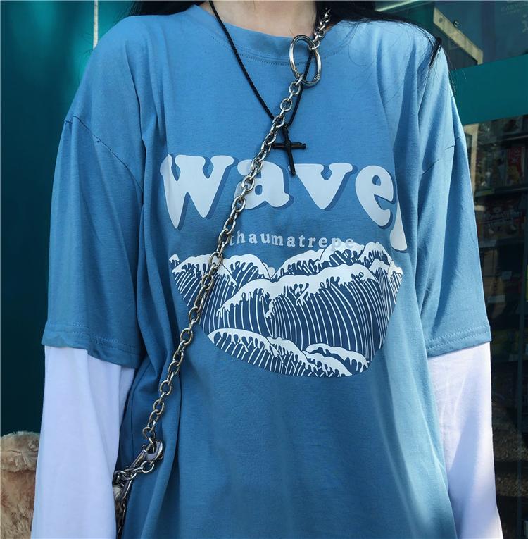 Wave Print Blue Black Loose Long Sleeve Shirt