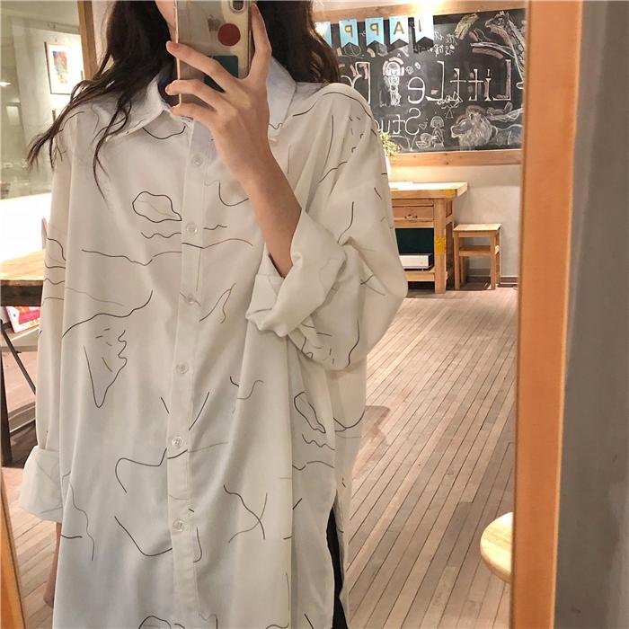itGirl Shop WHITE ABSTRACT LINES PRINT CHIFFON OVERSIZED BLOUSE