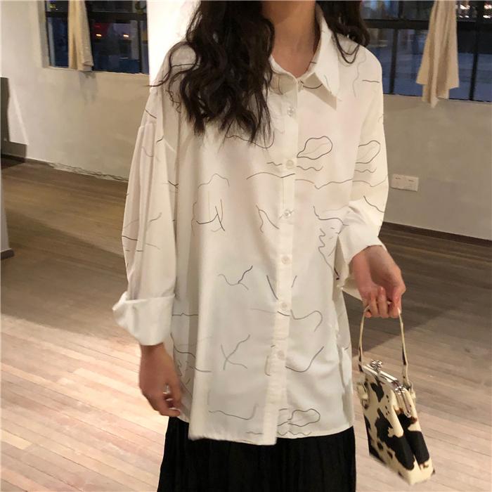 itGirl Shop WHITE ABSTRACT LINES PRINT CHIFFON OVERSIZED BLOUSE