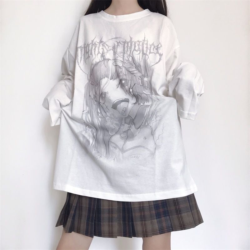 itGirl Shop WHITE ANIME PRINT OVERSIZED THIN SWEATSHIRT