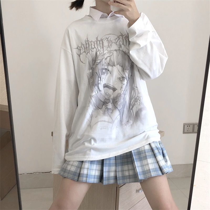 itGirl Shop WHITE ANIME PRINT OVERSIZED THIN SWEATSHIRT