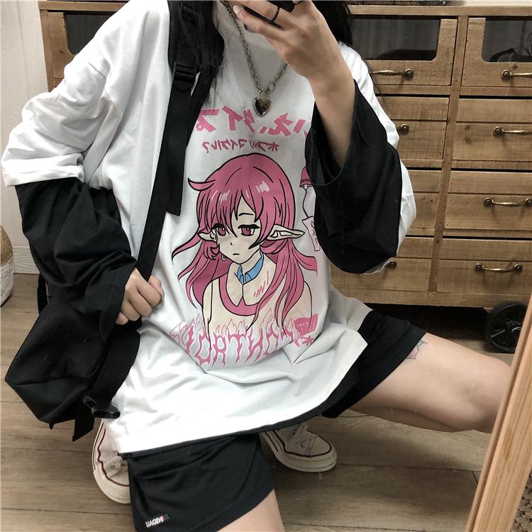 White Black Anime Girl Japanese Print Loose Shirt